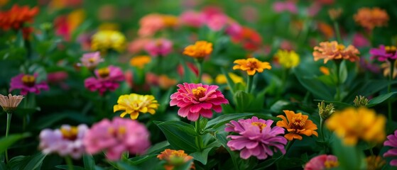 Obraz premium AI generator image of Flower bed, Zinnia flowers In the sun, it is an auspicious plant that is believed to bring peace and happiness to the family.