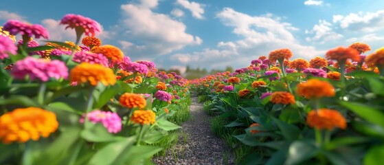 AI generator image of Flower bed, Zinnia flowers In the sun, it is an auspicious plant that is believed to bring peace and happiness to the family.