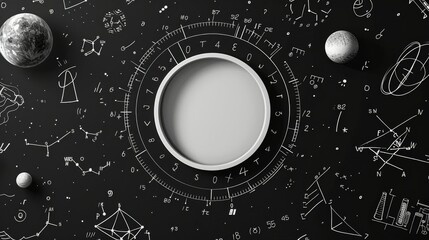 Obraz premium Modern cards designed for teenagers. It has a thick white circle in the center. Around this circle are various letters and mathematical symbols. All designs are black and white.