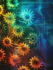 Interconnected gears and binary digits, vibrant colors, steampunk style, highresolution, digital illustration