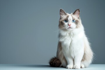 A fluffy white cat with blue eyes is sitting on a table