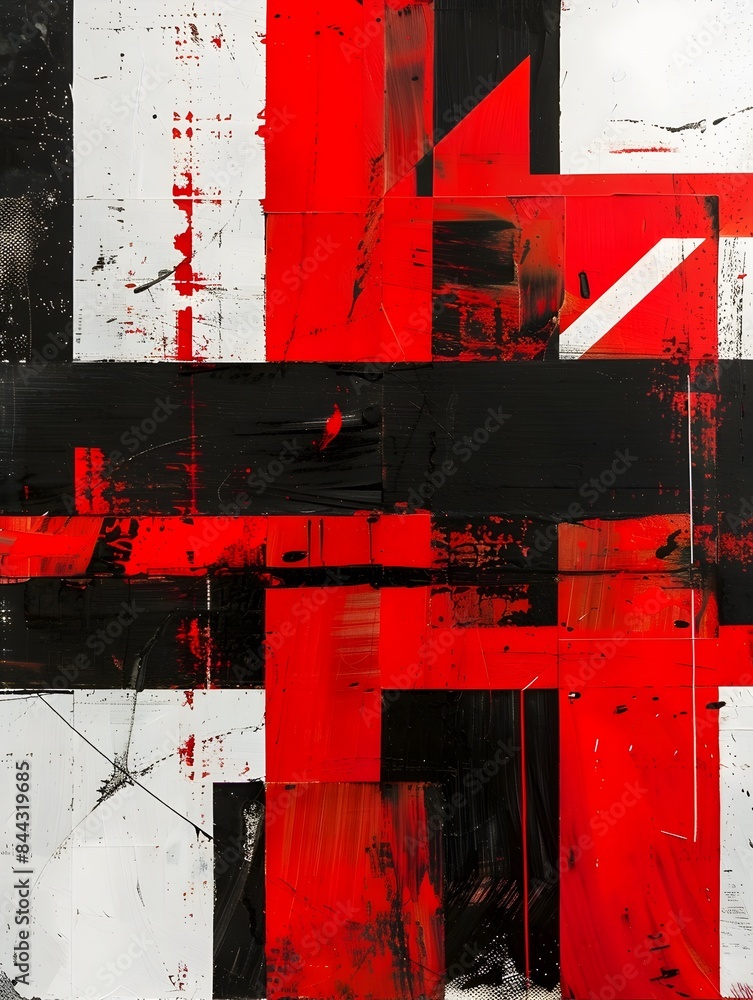 Poster abstract geometric urban architectural composition with contrasting vibrant red and monochrome shape