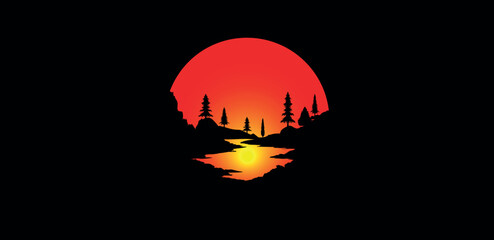 Wallpaper vektor lanskap dengan siluet gua yang diterangi cahaya bulan, dua pohon, akar pohon, cahaya bulan