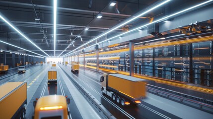 Obraz premium Futuristic Transport Hub Automated Loading Systems and Digital Inventory Boards