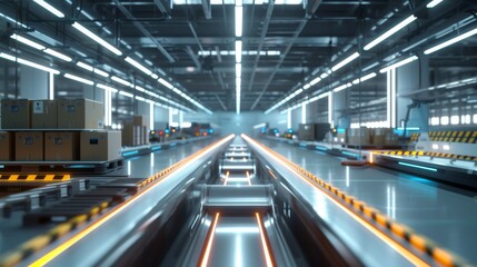 Obraz premium Future Transportation Hub Automated Packing Lines and Digital Route Planning in Bright, Clean Environment for Text Insertion