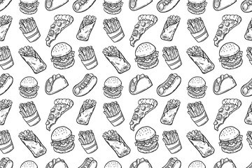 Hand Drawn Doodle Fast Food Seamless Pattern. Burger, Taco, Pizza, French Fries, Hot Dog, Burrito.