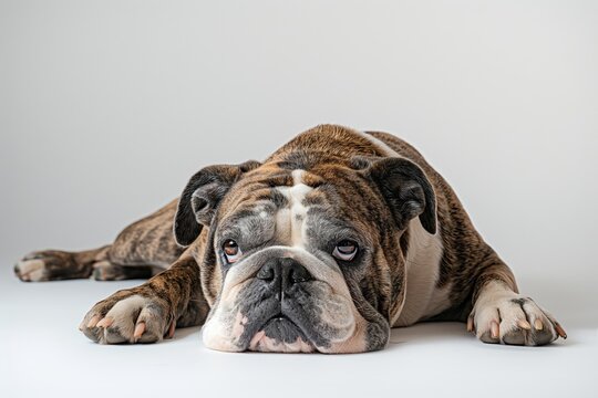 A pitpull  is laying on a white surface with its head down