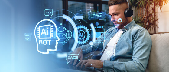 Businessman using virtual assitant and typing in laptop, AI helping in work