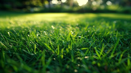 A sunny morning with close up green grass in the background