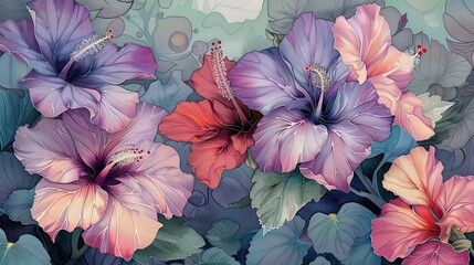 A painting of a bunch of purple and pink flowers with red tips