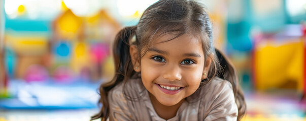 Small indian girl with bindi playing in kindergarten. Banner with copyspace. Shallow depth of field.
