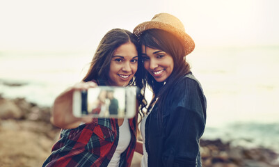 Selfie, screen and women at beach happy for summer holiday, vacation and bonding on weekend....