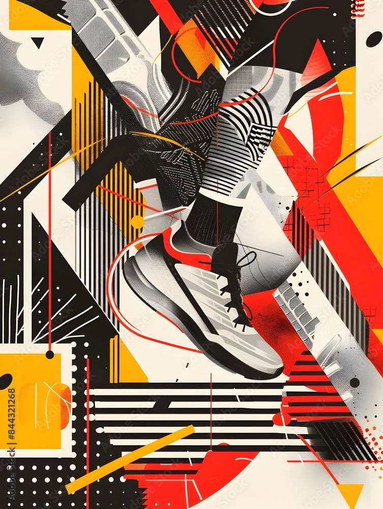 Poster energetic abstract geometric composition with dynamic shapes and vibrant colors showcasing a modern 