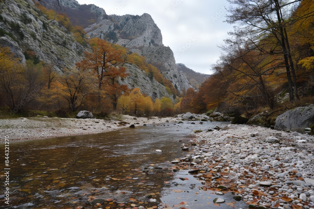 Poster an autumnal river scene with a rocky riverbed and pebbles, surrounded by colorful trees and a dramat