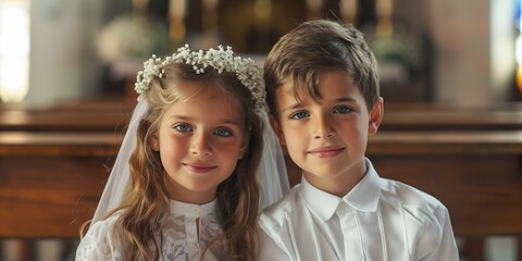 Small girl and boy in church on their First Holy Communion. Banner with copyspace. Shallow depth of field. 