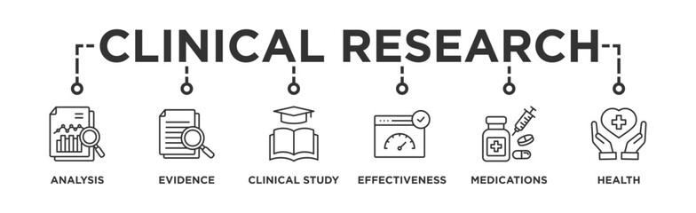 Clinical research banner web icon vector illustration concept with icon of analysis, evidence, clinical study, effectiveness, medications and health