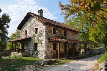 A charming and picturesque stone house with a wooden porch set amidst autumn foliage in a tranquil rural setting