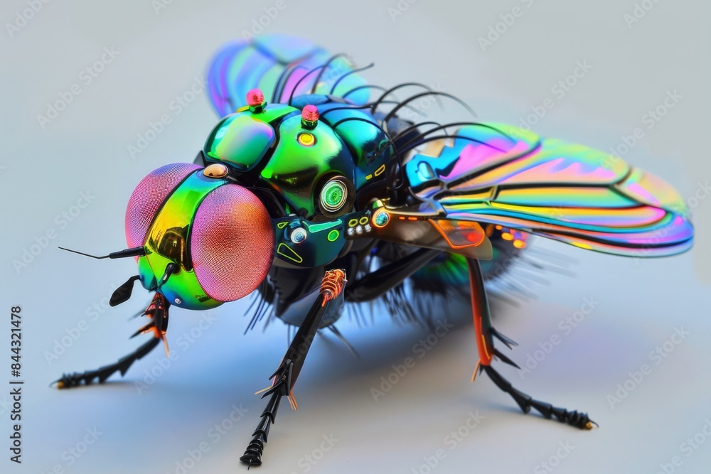 Poster a striking image depicting a hyper-realistic mechanical fly with large, iridescent eyes blending tec