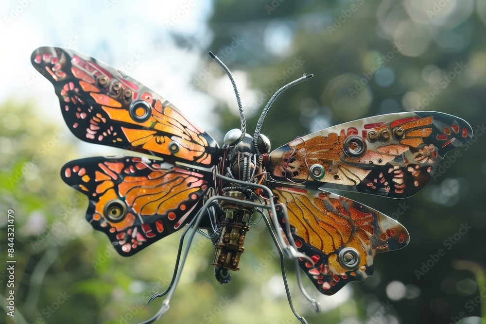Poster a unique mechanical butterfly with intricate designs and vibrant orange wings symbolizing creativity