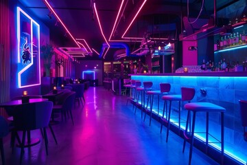 A contemporary bar with neon lighting, stools, illuminated counter, and trendy decor Sets an inviting nightlife atmosphere