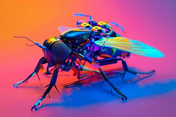 Fototapeta premium This image features a futuristic robotic fly with vivid coloring on a neon gradient background, highlighting the intersection of nature and cyber concepts