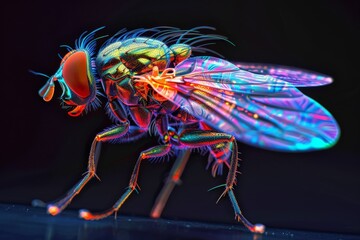 A visually captivating mechanized fly with neon highlights illuminating the intricate cybernetic details on a dark background