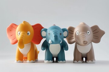 A playful arrangement of three plastic elephant toys, with vibrant colors and different expressions, lined up against a plain white background