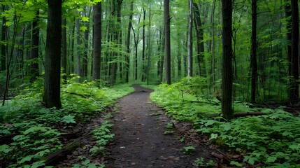 Fototapeta premium Lush Green Forest Path Winding Through Peaceful Woodland Landscape