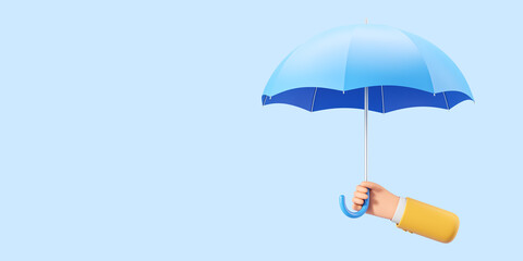 3D hand holding an umbrella, on a light blue background, insurance concept.  3D Rendering