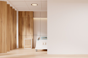 Wooden hospital room interior with bed and drawer. Mockup wall