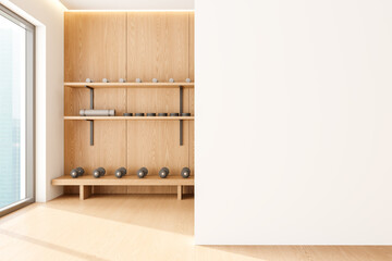 Cozy home gym interior with shelf for equipment, panoramic window. Mockup wall