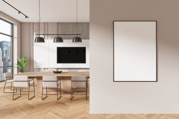 Beige home living room interior with eating table and tv, window. Mockup frame