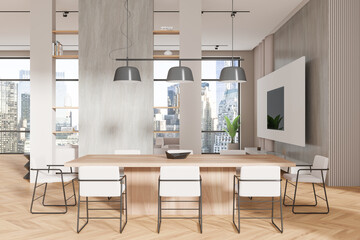 Modern home living room interior with eating and tv zone, panoramic window