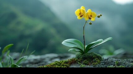 Fototapeta premium yellow phalaenopsis A long, spherical stem stands tall on a concave moss-covered rock. The green leaves were clear and delicate, bright, and the green mountain background was faintly visible.