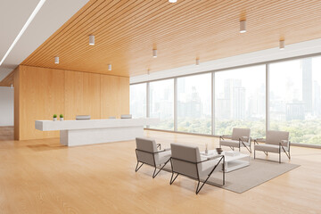 Office lobby interior with reception desk and relax space, panoramic window