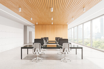Modern minimalist office with wooden ceiling, large windows, and white furniture, bright background, concept of contemporary workspaces.  3D Rendering