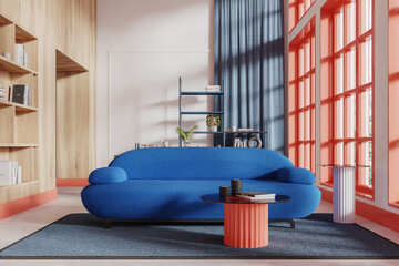 Colored home living room interior with couch and shelf near panoramic window