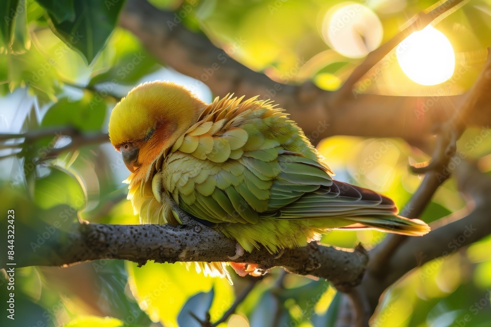 Aufkleber a vibrant parrot fluffs its feathers while perched on a tree branch, with sunlight filtering through