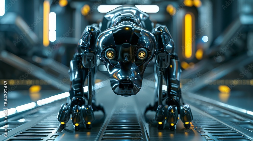 Poster 3d rendering of a robot dog standing in a futuristic industrial environment