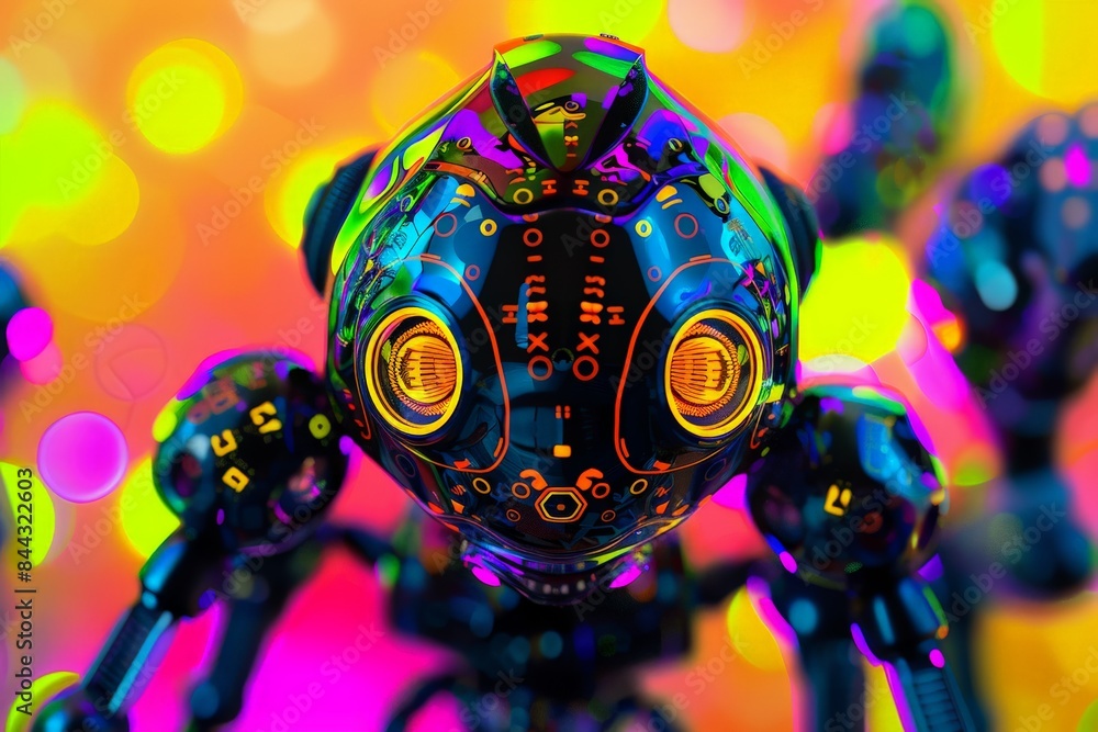Poster Energetic robot with hypnotic eyes and a patterned body immersed in a multicolored bokeh backdrop