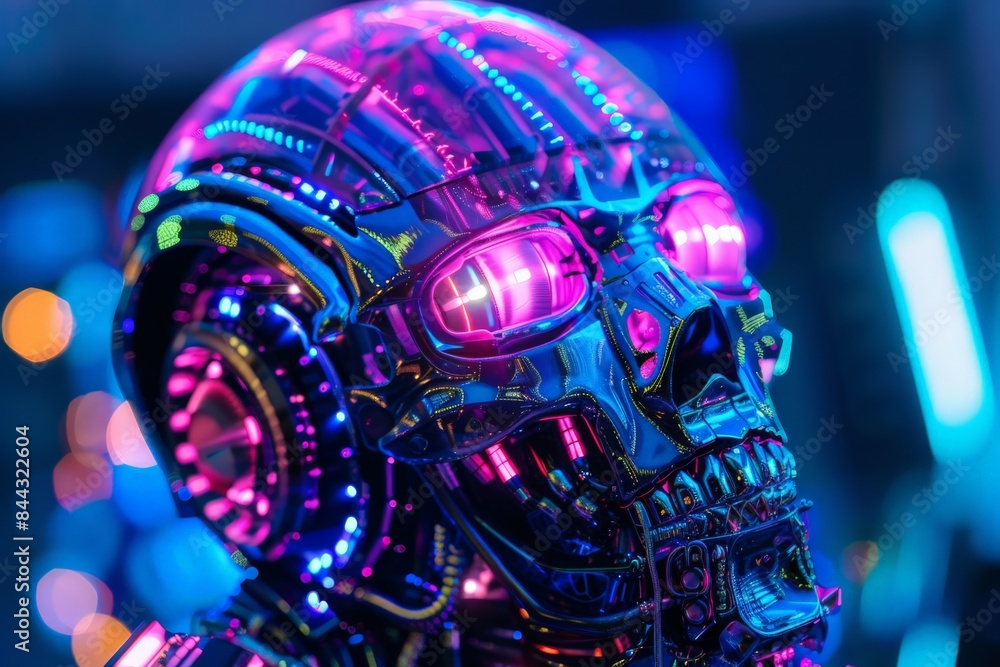 Aufkleber a 3d render of a cyborg skull with intricate details highlighted by neon pink lighting