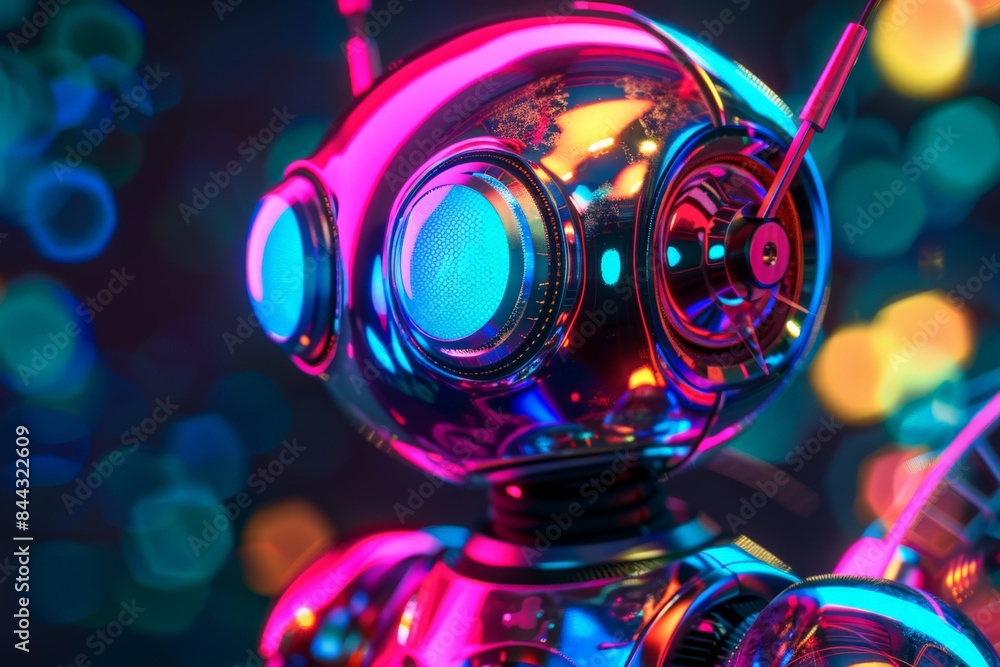 Poster This image showcases a stylized robot head adorned with headphones against a backdrop of colorful bokeh lights