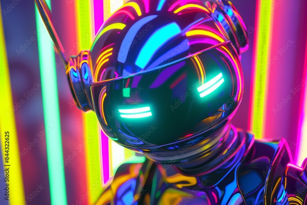Aufkleber A digitally rendered image featuring a helmet with reflective surfaces surrounded by neon lights Futuristic and cyberpunk vibes