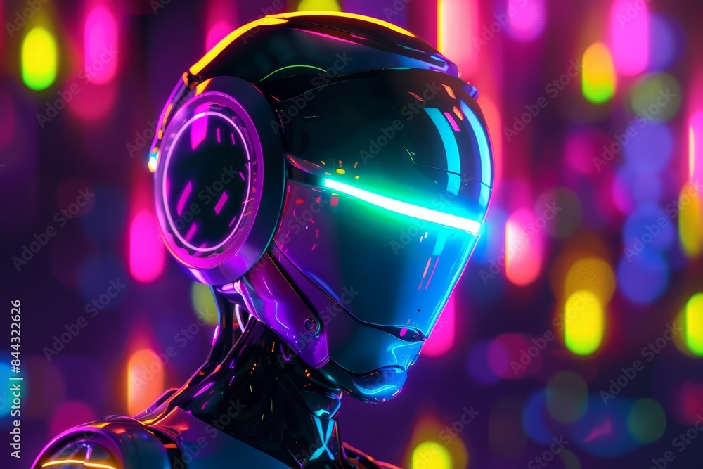 Aufkleber An image depicting a reflective robot head with a sleek design against a neon-lit background