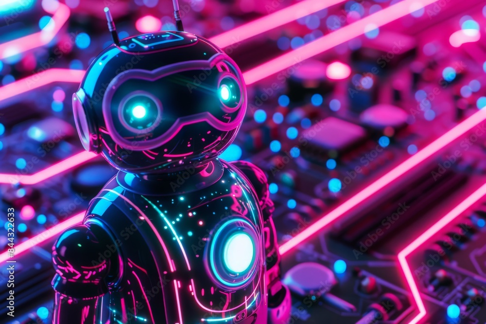 Fototapete A 3D rendered image displaying a futuristic robot with glowing elements amid a neon circuit board environment