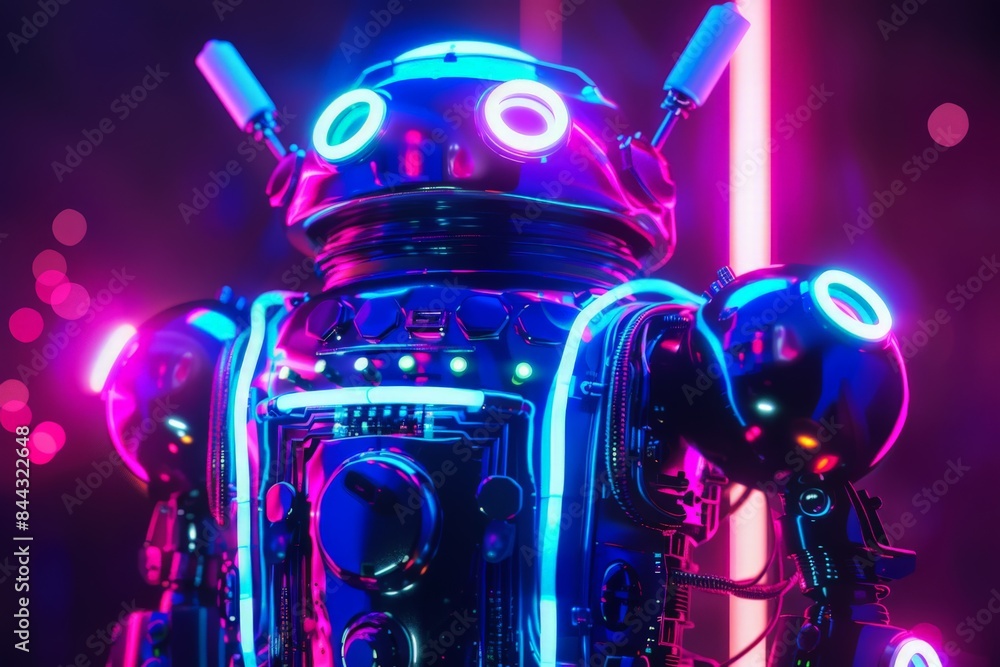 Aufkleber an intricately detailed robot figure illuminated by neon light showcasing advanced armored plating
