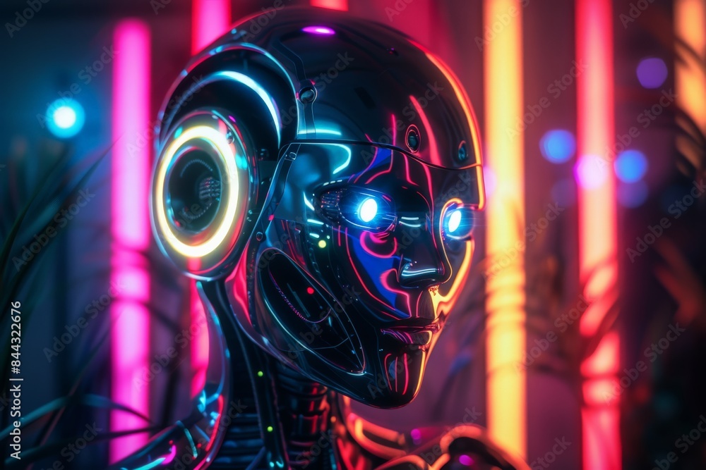 Poster A humanoid robot with a reflective surface and neon lighting highlights in a colorful setting