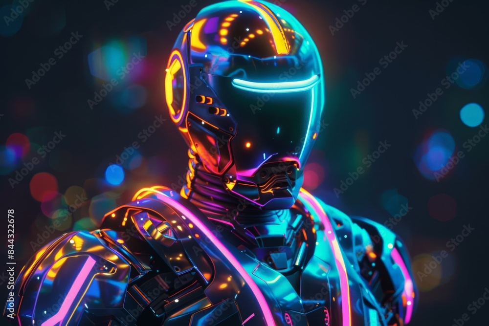 Aufkleber an advanced robot with a glowing neon visor and sleek black armor in a dark room