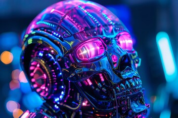 A 3D render of a cyborg skull with intricate details highlighted by neon pink lighting