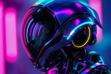 A close-up artistic image of a robot's head with details obscured to focus on glowing eyes and helmet design